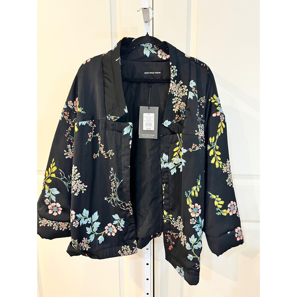 NWT Who What Wear Floral Kimono Jacket Black Satin Finish Plus Size 3X - Picture 4 of 11